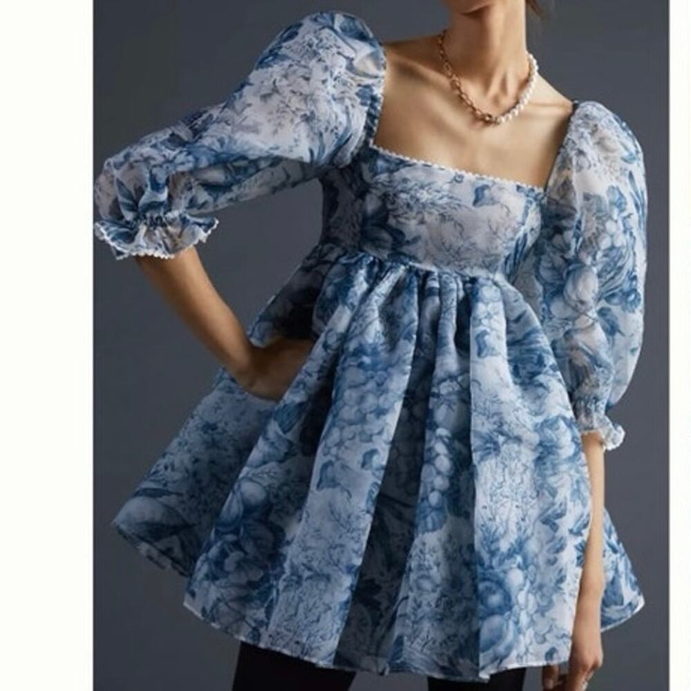 Selkie Loui Toile blue fruit print puff mini dress small babydoll
